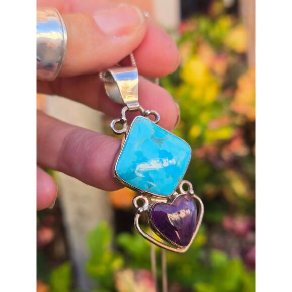 Vintage Jay King DTR Mine Finds Turquoise & Amethyst Heart Pendant Necklace 925 - Picture 3 of 10